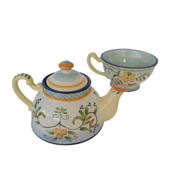 Sonoma Hand Painted Stackable Ceramic Teapot Cup and Saucer Floral Stripe - Picture 6 of 11